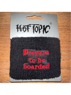 NOS Vintage Y2K Hot Topic Black Wide Wristband Embroidered Prepare To Be Boarded